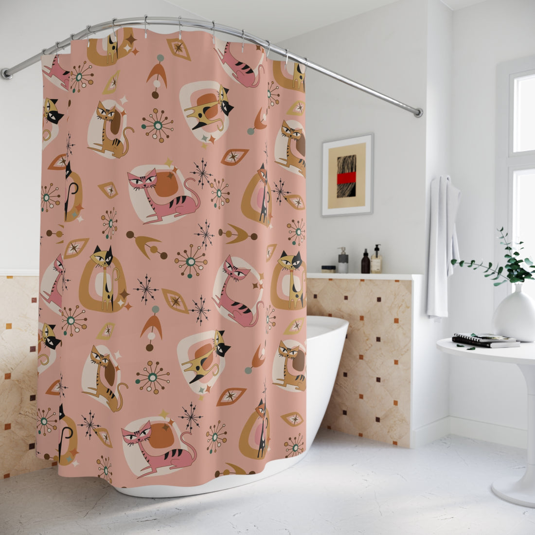 Atomic Cat Shower Curtain 50s Kitschy MCM Gal, Pink, Mid Mod Bath Decor - Mid Century Modern Gal