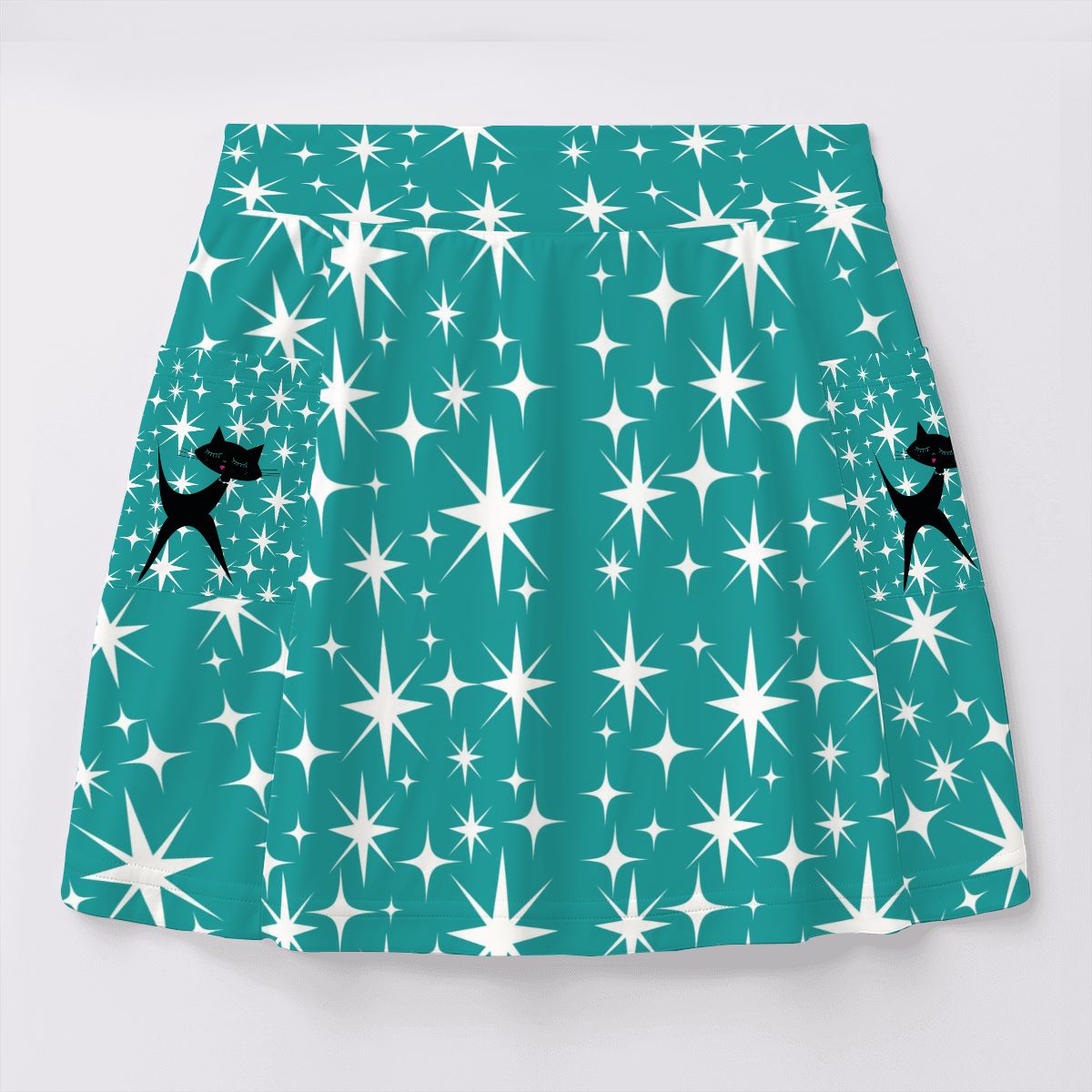 Retro Kitsch Atomic Cat, Aqua Blue Starburst Mod Women's Tennis Skort With Pockets - Mid Century Modern Gal
