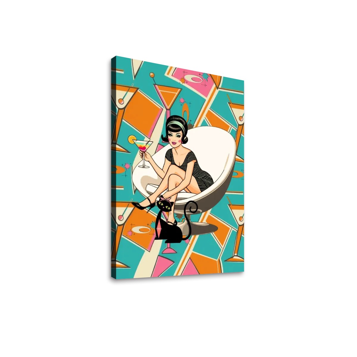 Mid Mod Atomic Cat, 60s Retro Gal, Kitschy Martini MCM Wall Art Canvas Print - Mid Century Modern Gal