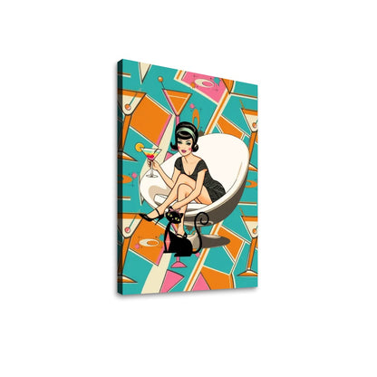 Mid Mod Atomic Cat, 60s Retro Gal, Kitschy Martini MCM Wall Art Canvas Print - Mid Century Modern Gal