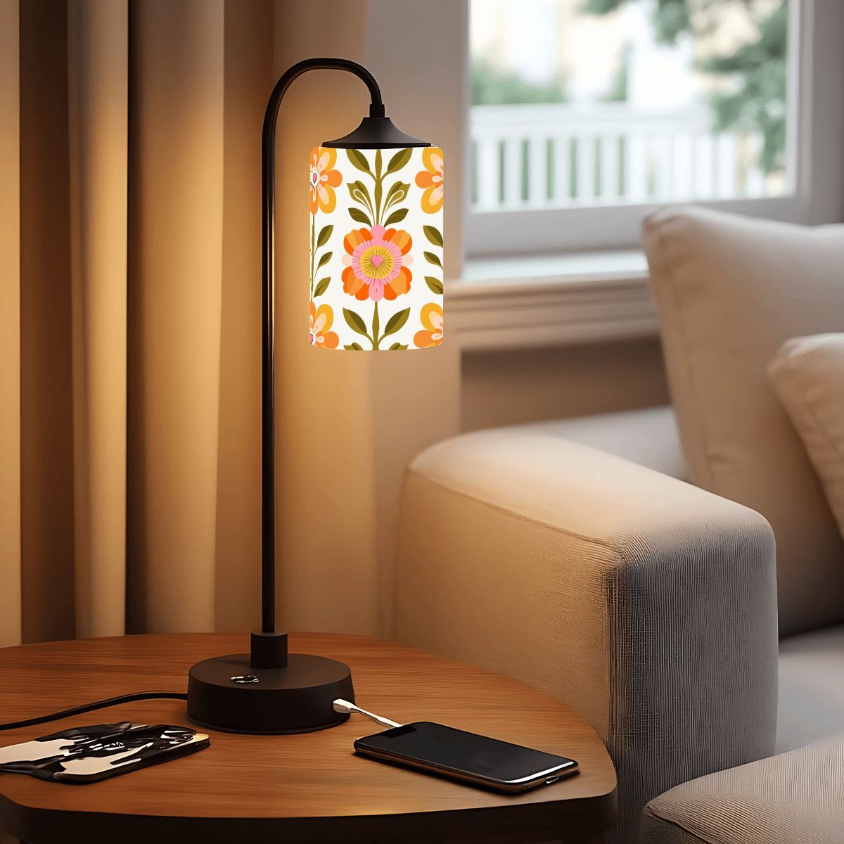 Scandinavian Modern Floral Orange And Green Cylindrical Glass Lampshades - Mid Century Modern Gal