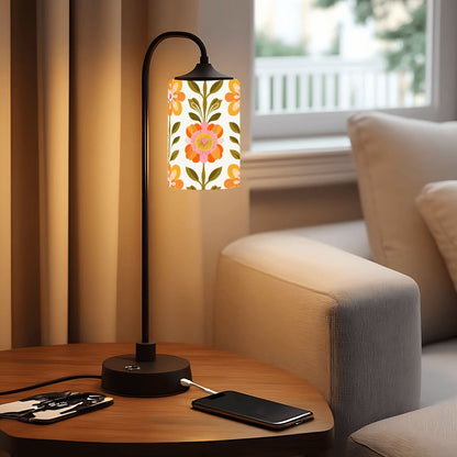 Scandinavian Modern Floral Orange And Green Cylindrical Glass Lampshades - Mid Century Modern Gal