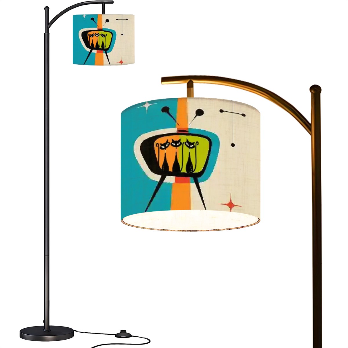 Mid Century Modern Retro Atomic Cat, Kitschy Mod Arc Floor Lamp