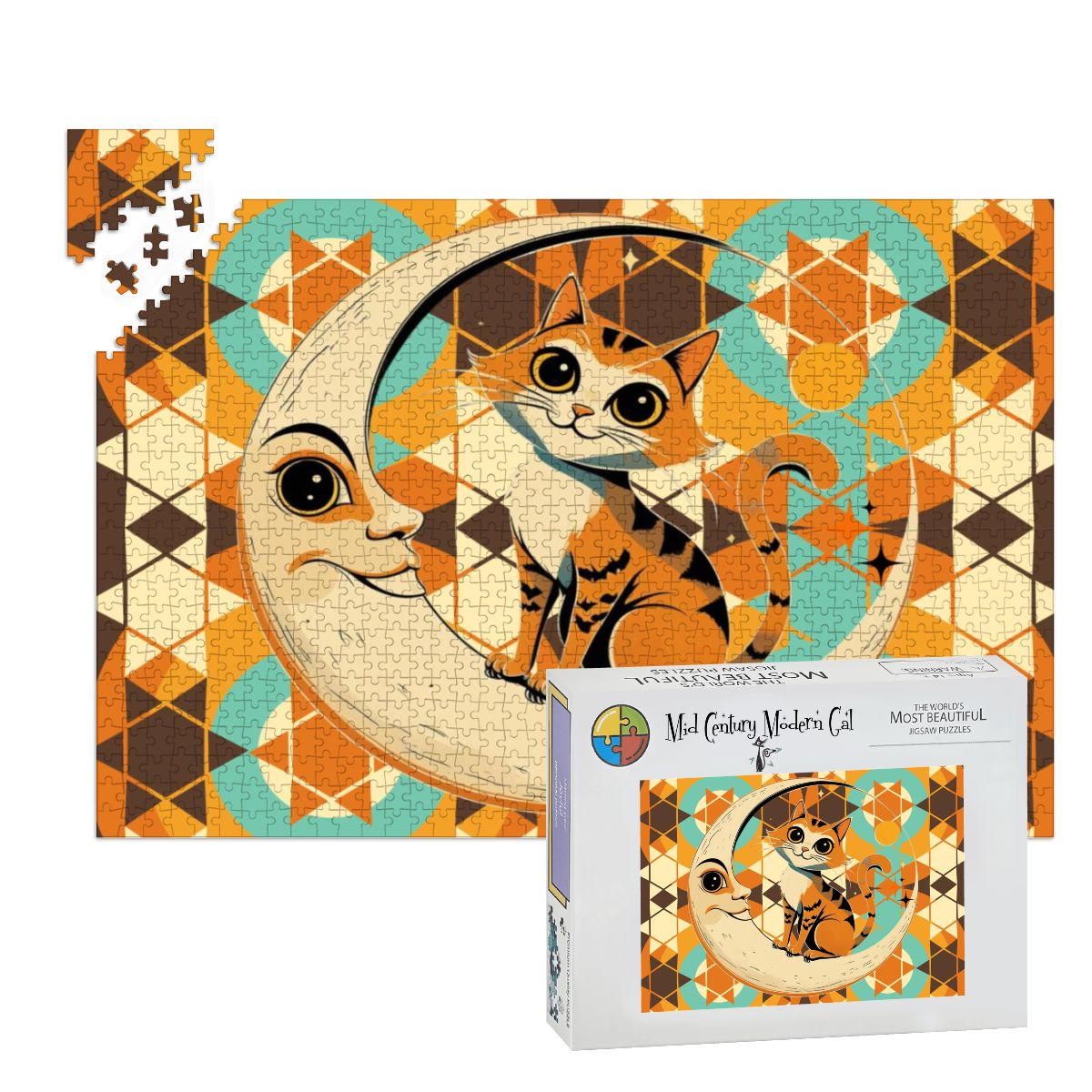 Harvest Half Moon, Kitschy Tabby CatWooden Jigsaw Puzzle - Mid Century Modern Gal