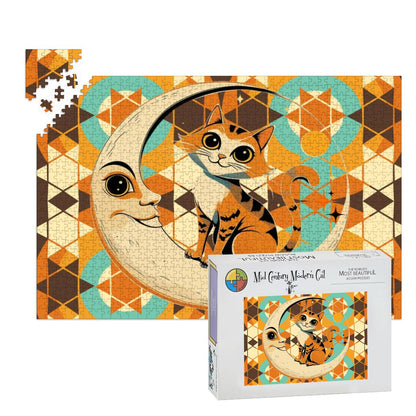 Harvest Half Moon, Kitschy Tabby CatWooden Jigsaw Puzzle - Mid Century Modern Gal