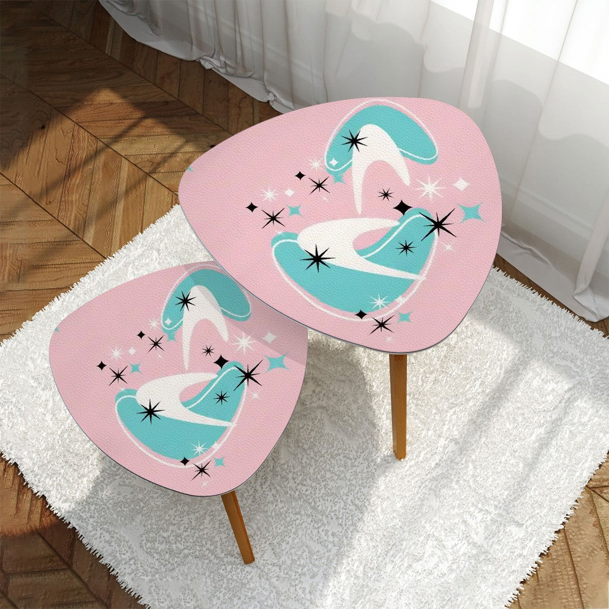 Atomic 50s Pink, Aqua Boomerang Mid Century Modern Nesting Tables Set of 2 (Made in USA) - Mid Century Modern Gal