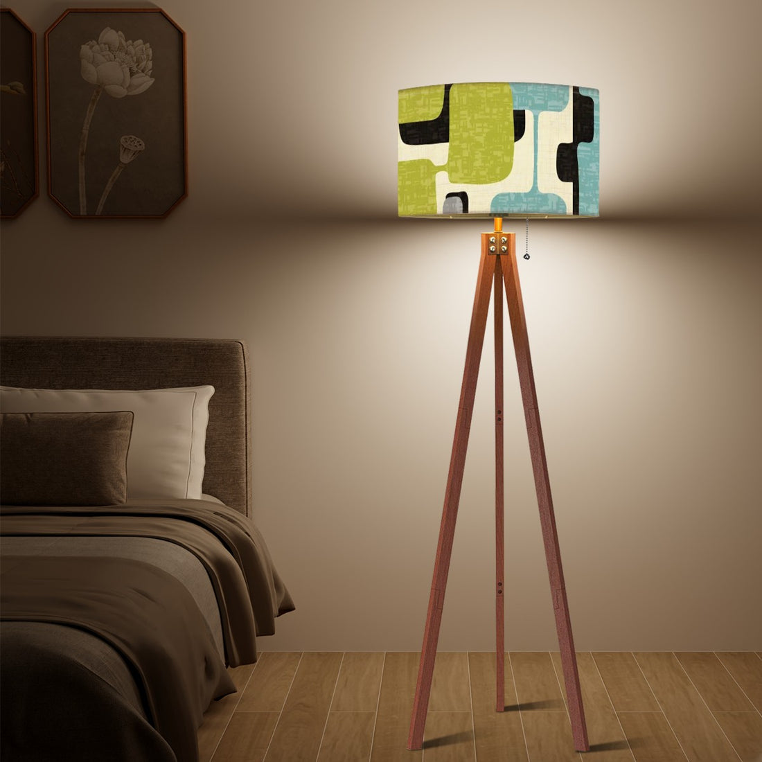 Mid Mod Retro Geometric Green, Aqua, Mid Century Modern Tripod Floor Lamp - Mid Century Modern Gal