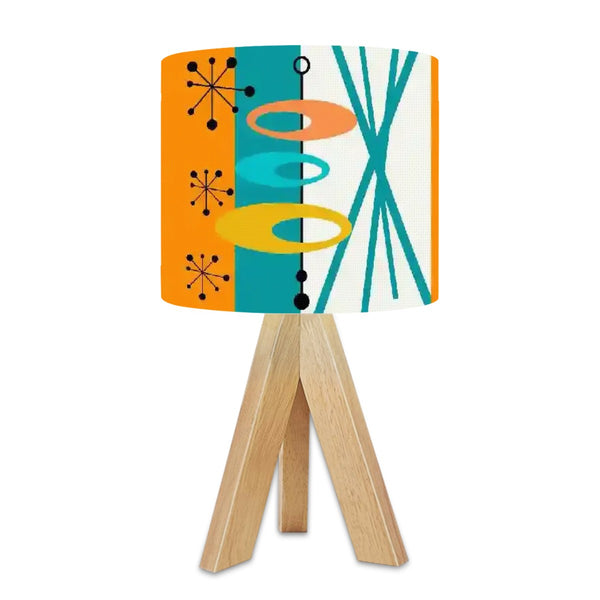 Mid Century Modern Tripod Table Lamp, Orange, Teal, Starbursts