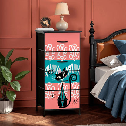 Mid Century Modern Coral, Teal Kitschy Mod Cat Design 4-Drawer Dresser - Mid Century Modern Gal