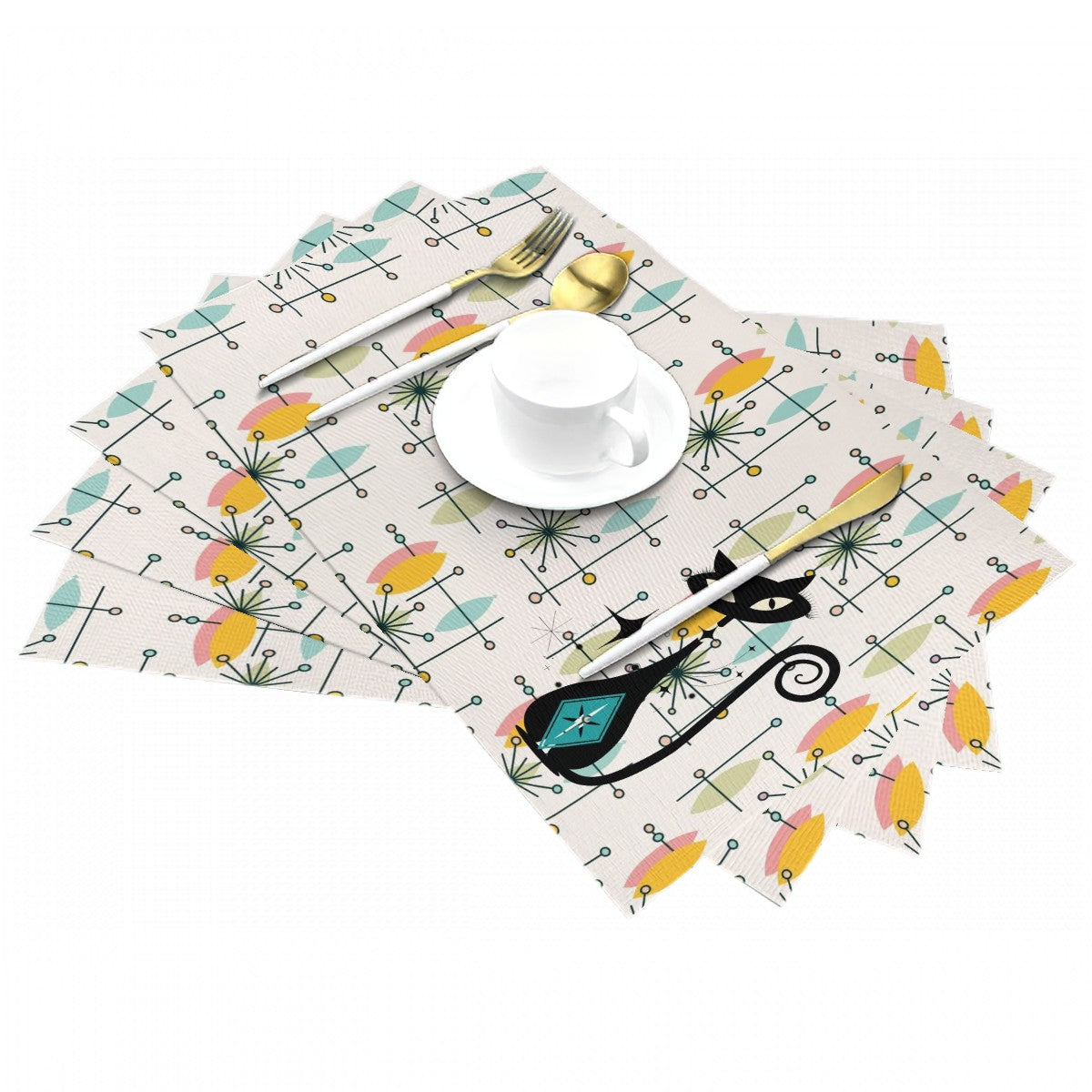 Atomic Cat Mid Century Modern White Starburst Kitschy Retro Woven Placemat - Mid Century Modern Gal