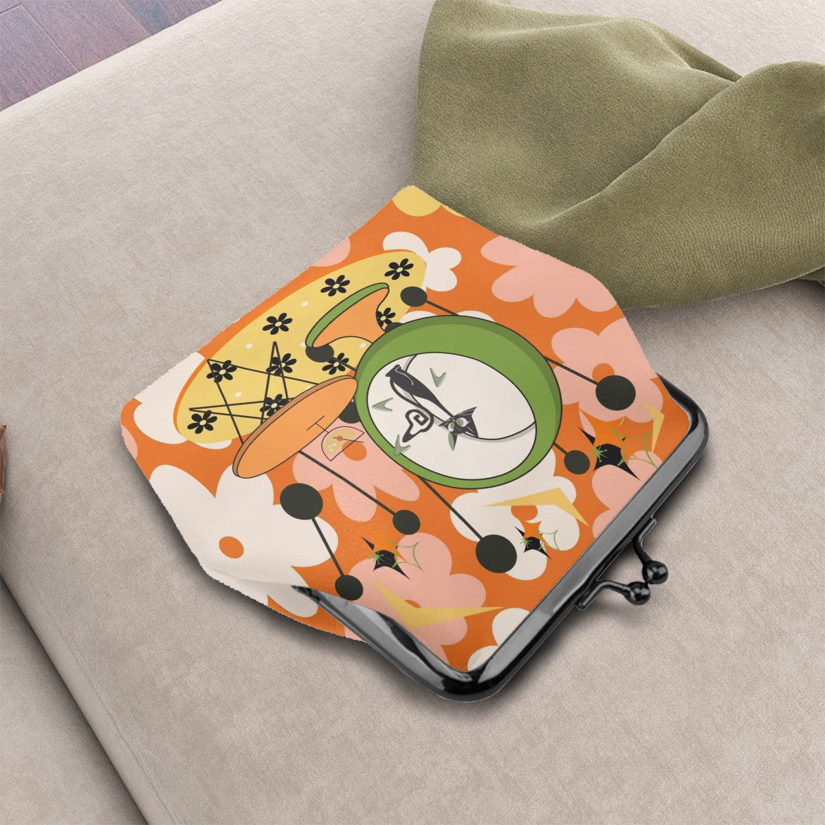 Atomic Cat Flower Power Retro Cute Women's Leather Kiss Lock Coin Purse - Mid Century Modern Gal