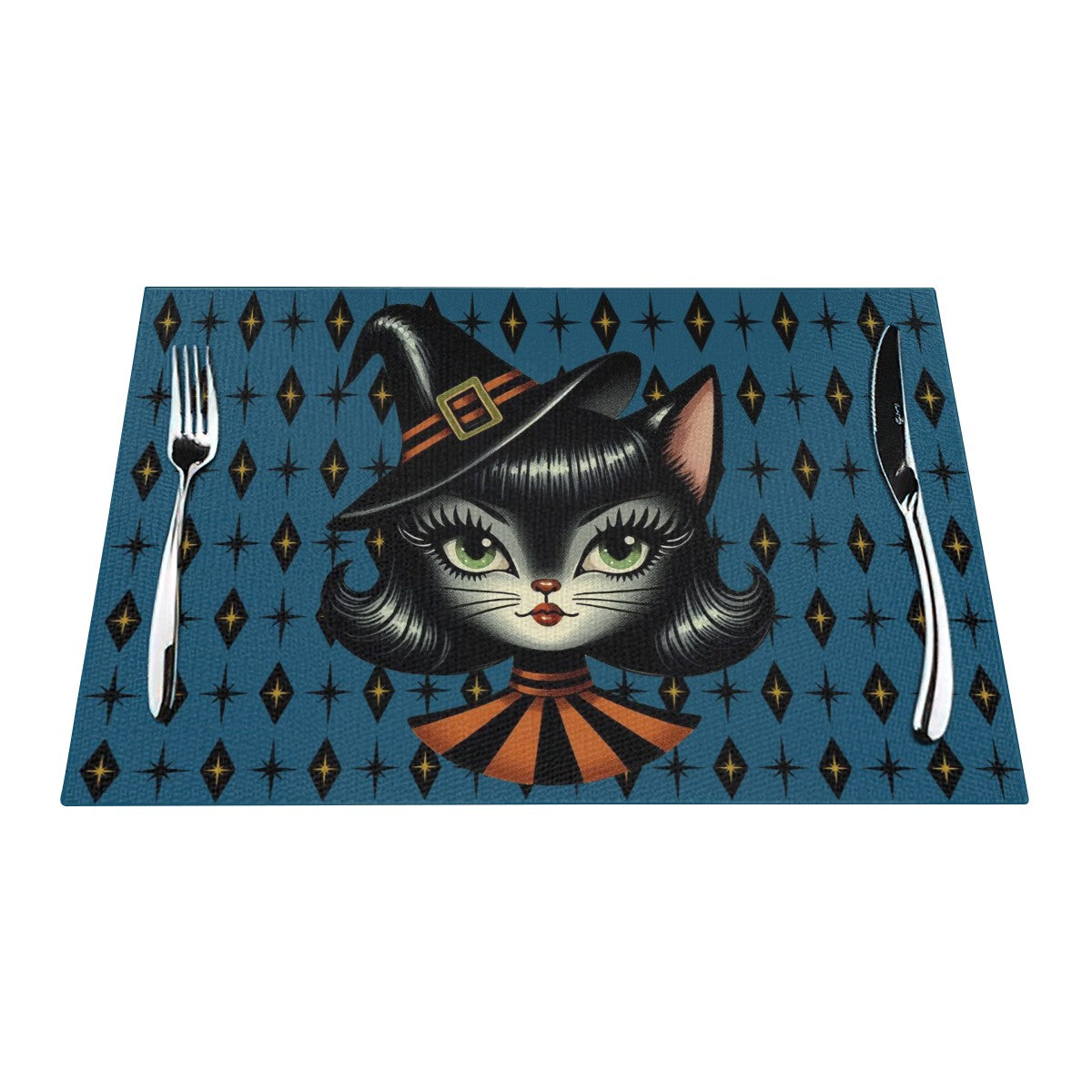 Vintage Halloween Black Cat Sexy Sexton Mid Century Modern Blue Placemat 1pc - Mid Century Modern Gal