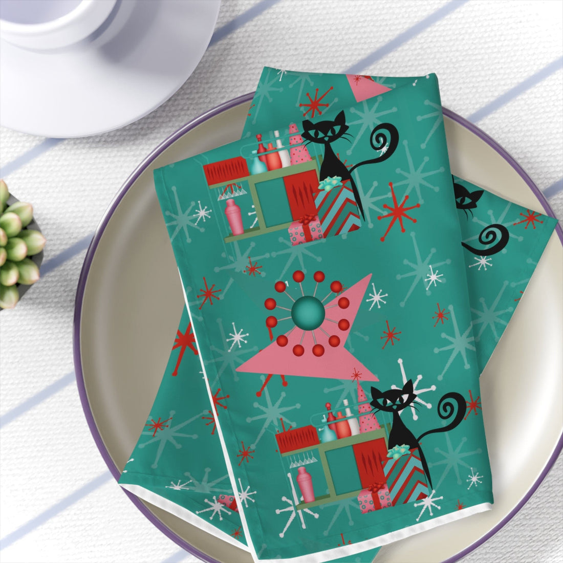Christmas Party Napkins With an Atomic Mid Century Modern Vibe, Atomic Cat, Kitschy 50&