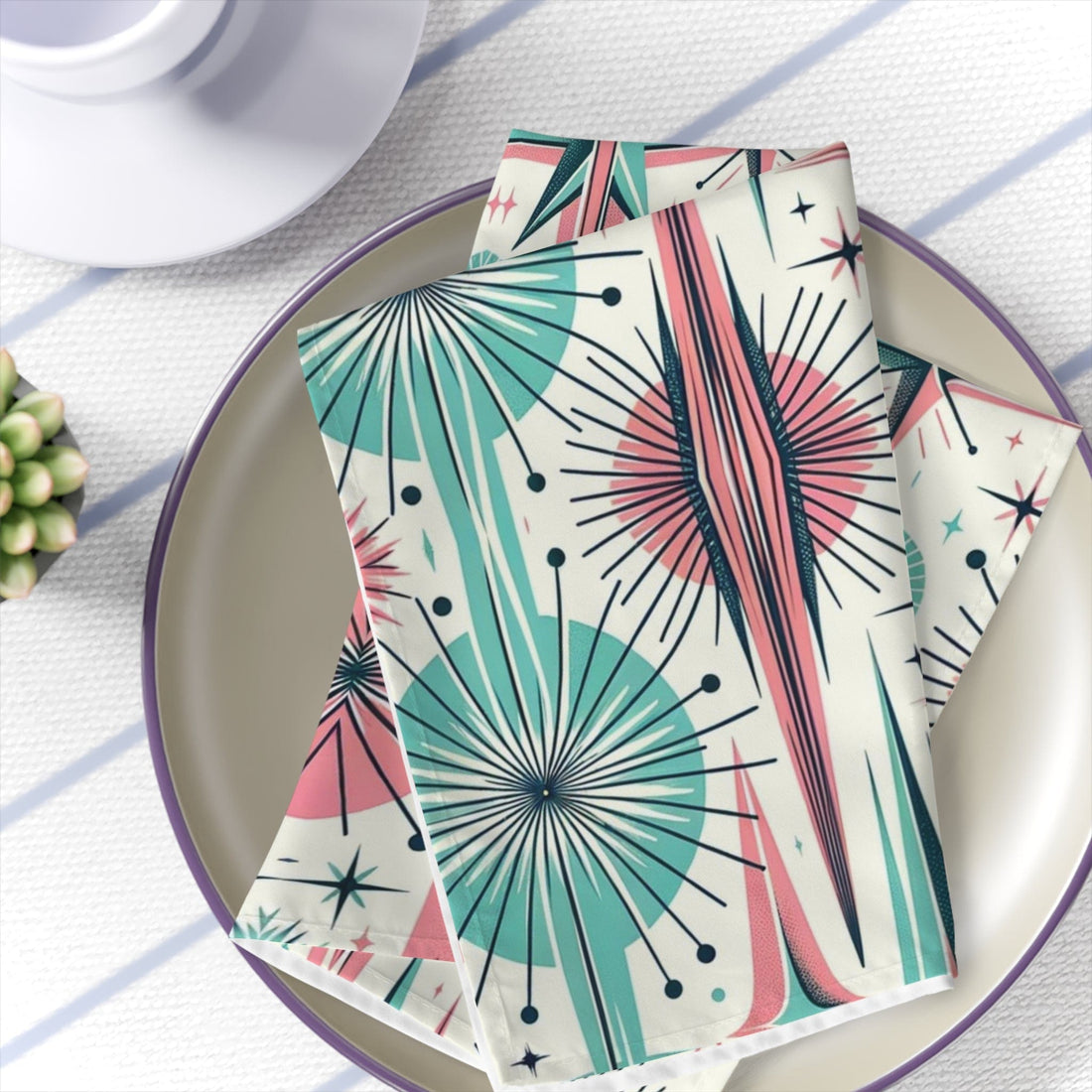 Mid Century Modern Table Dinner Napkins In Atomic Pink, Aqua Starbursts MCM Mod Table Linens Accessories 4-piece set / White / 19&quot; × 19&quot;