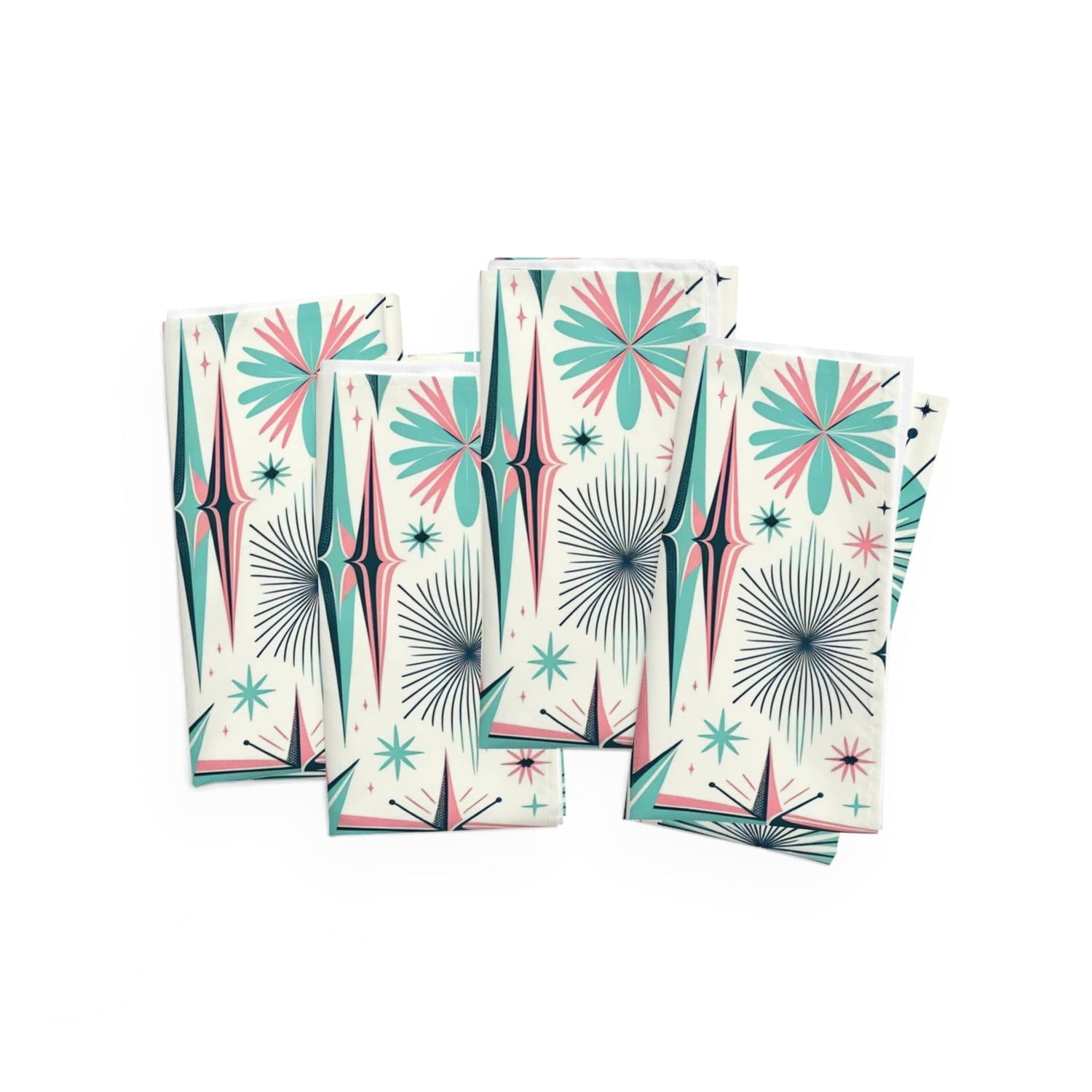Mid Century Modern Table Dinner Napkins In Atomic Pink, Aqua Starbursts MCM Mod Table Linens Accessories 4-piece set / White / 19&quot; × 19&quot;