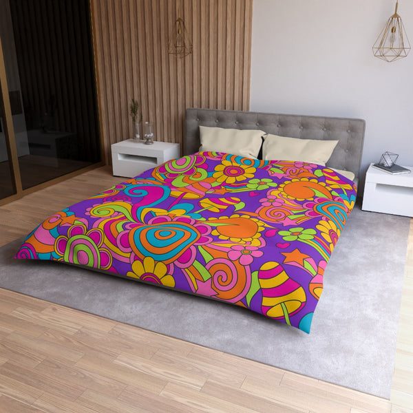 60s 70s Groovy Retro Purple, Pink Orange, Mushroom, Hippie Style Microfiber Duvet Cover