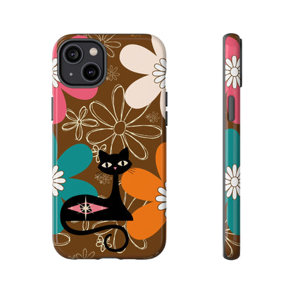 Atomic Cat Retro 70s Vibe Flower Power Tough Cases: Cute Floral and Cat Phone Case for Cat Lovers - Mid Century Modern Gal