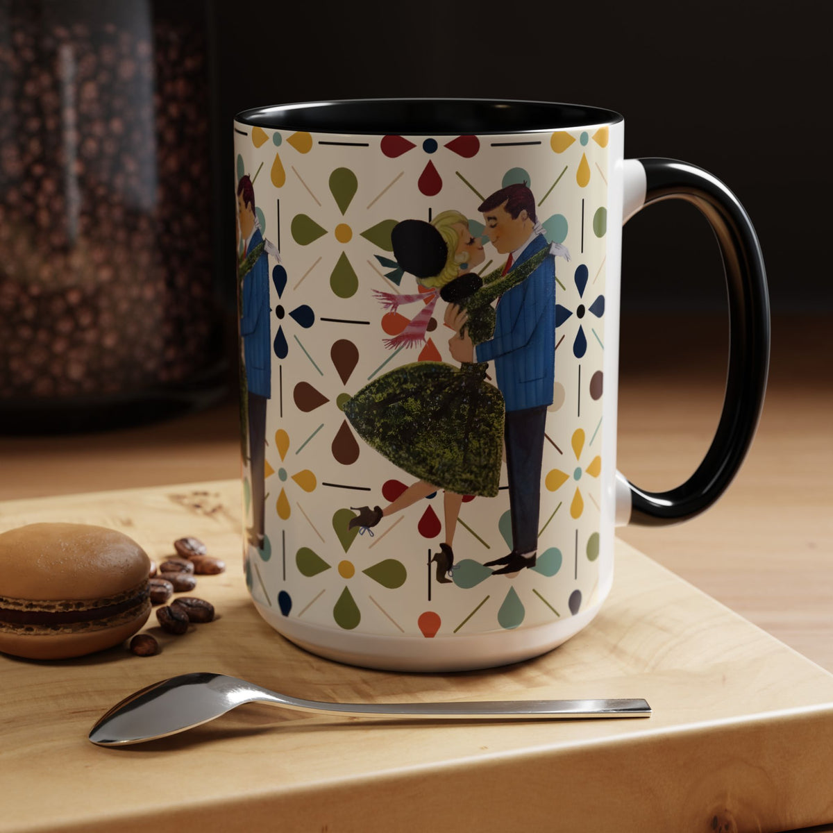 Mid Century Modern 50s Christmas mug featuring a dancing couple surrounded by colorful floral patterns on a white background.