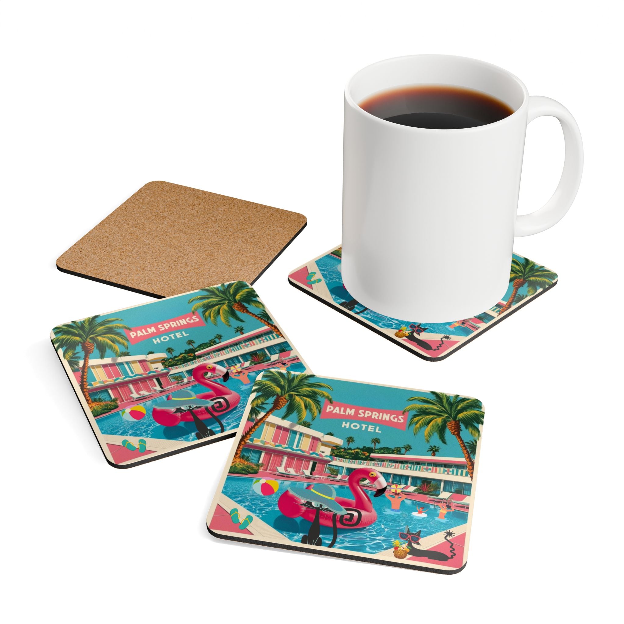 Old Palm Springs California, 50s Flamingo, Atomic Cats Kitschy MCM Barware  Coaster Set - Vintage Tropical Drink Drinkware - Mid Century Modern Gal