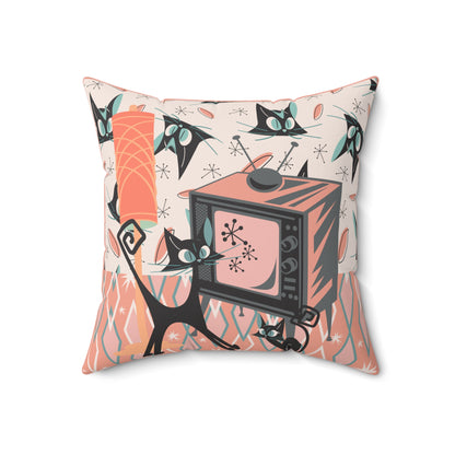 Atomic Cat Pillow, Retro TV, Kitschy Fun, Whimsical Quirky 50s Mid Century Modern Pillow And Insert, Coral Pink, Teal, Creamy Beige