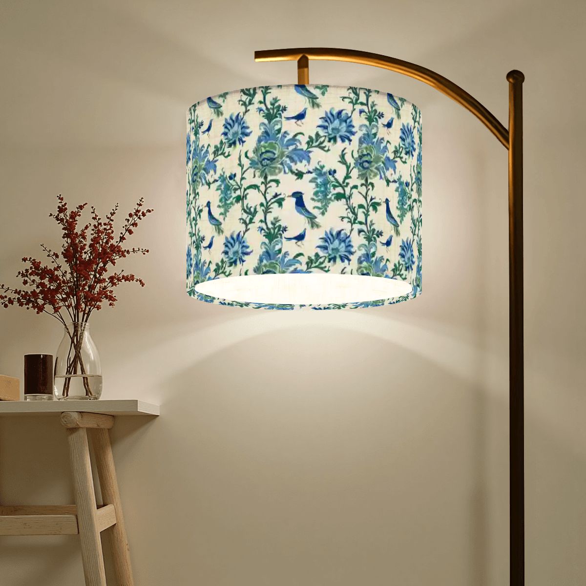 Chinoiserie Botanical Garden Birds, Blue, Green Asian Inspired Modern Lamp SHADE ONLY - For Arc Floor Lamps Only - Mid Century Modern Gal