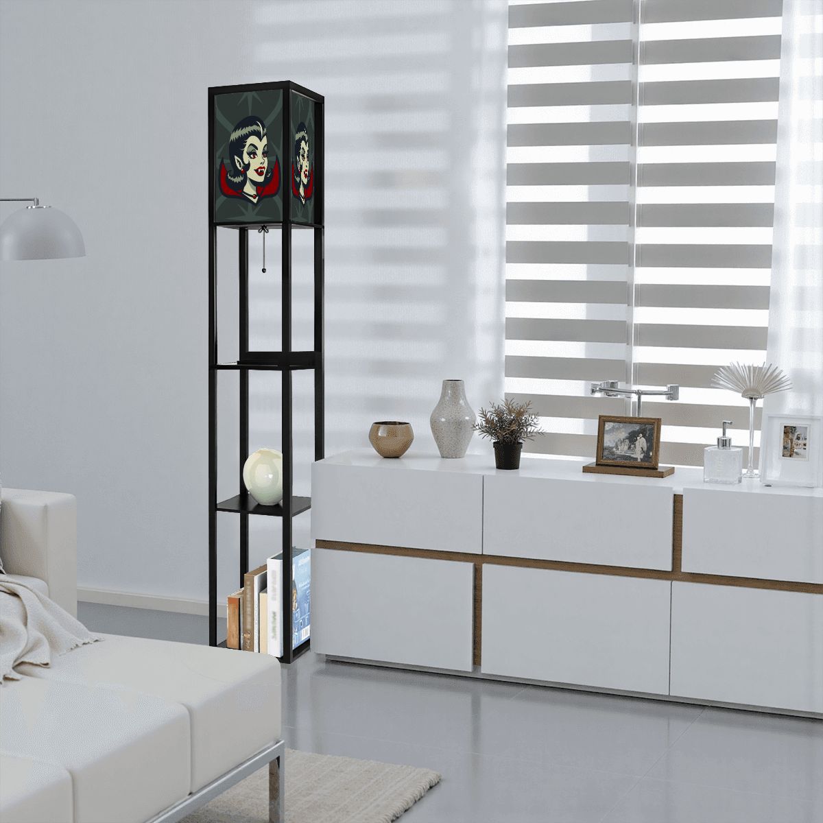 Vampire Dracula Girl Halloween Goth Horror Buff MCM Green Floor Lamp with Shelves - Mid Century Modern Gal