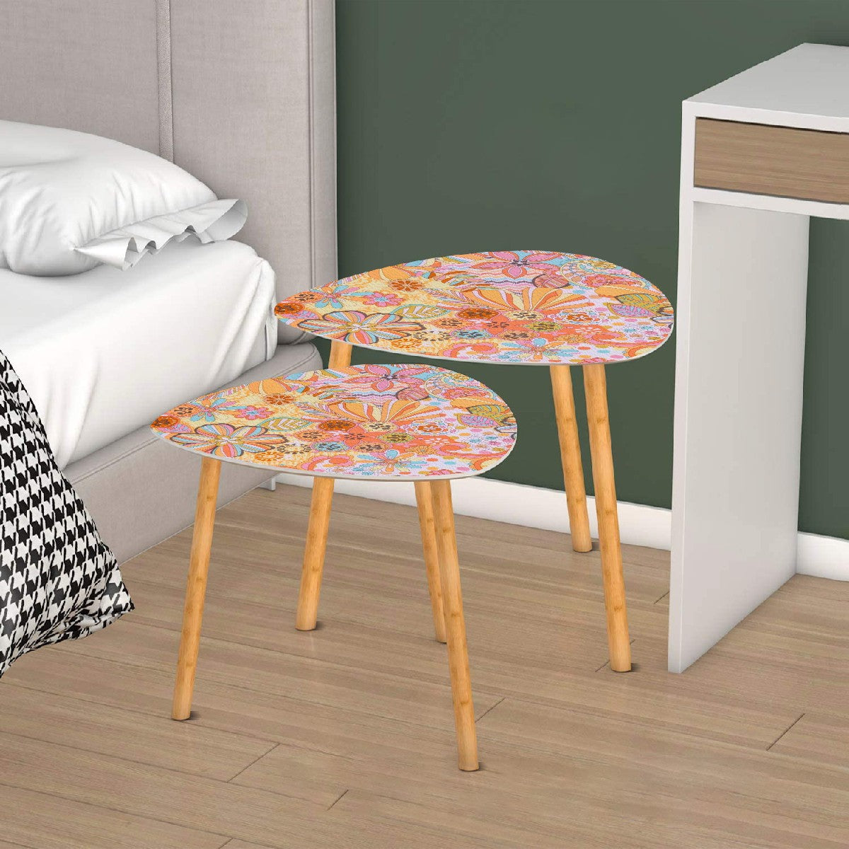 Vintage 70s Floral Pink Yellow Blue, Groovy Mid Mod Flower Power Nesting Tables - Mid Century Modern Gal