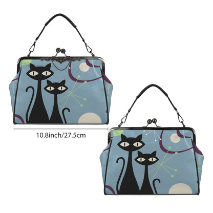 Atomic Cat Kitschy Fun Blue Boomerang Design Modern Kisslock Crossbody Purse - Mid Century Modern Gal
