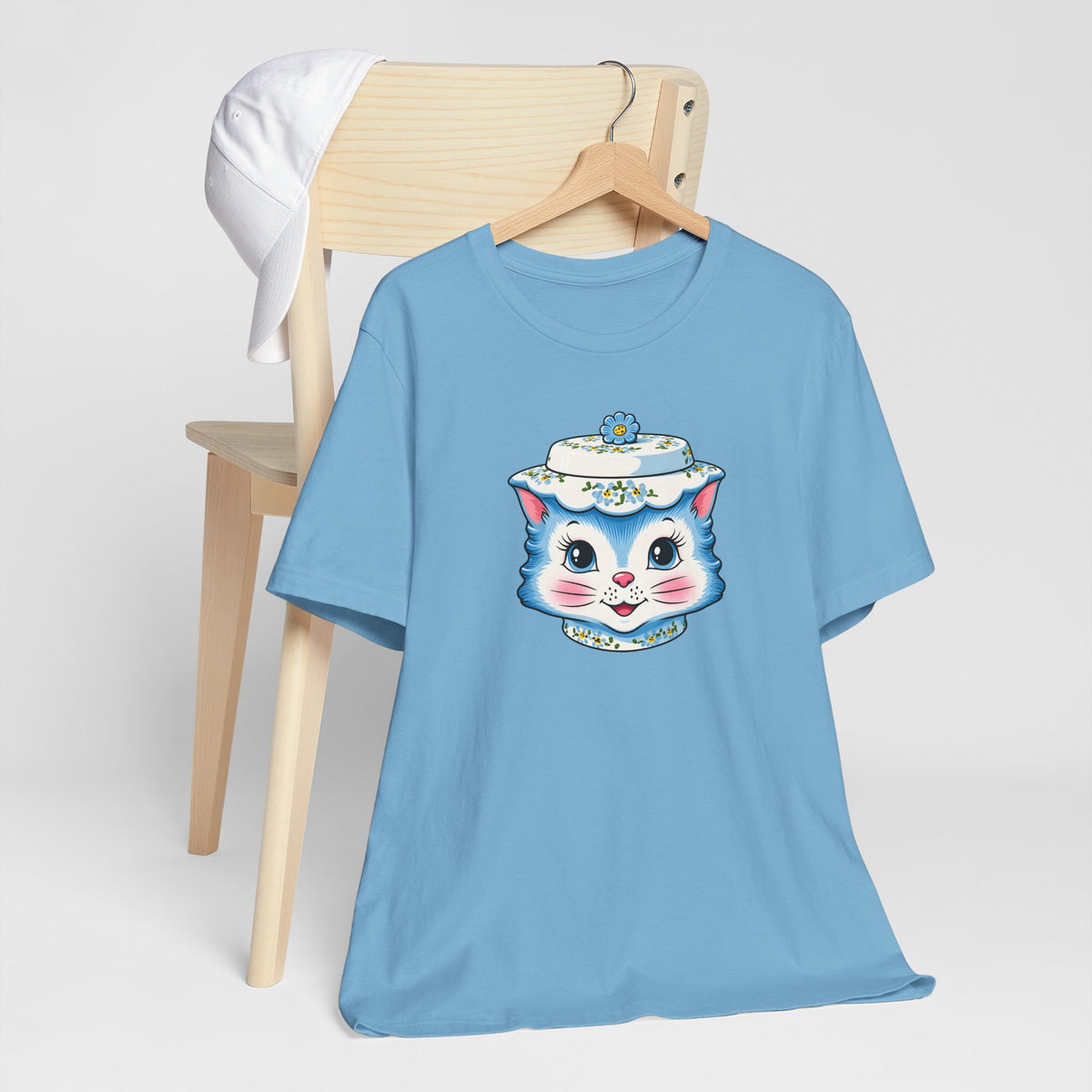 Mid Century Modern Kitschy Anthropomorphic Blue Cat with Floral Hat Unisex T-Shirt