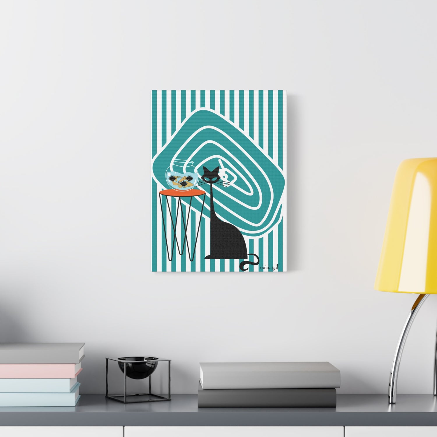 Atomic Fish Art, Mid Century Modern Striped, Teal Kitschy Cat Art - Mid Century Modern Gal