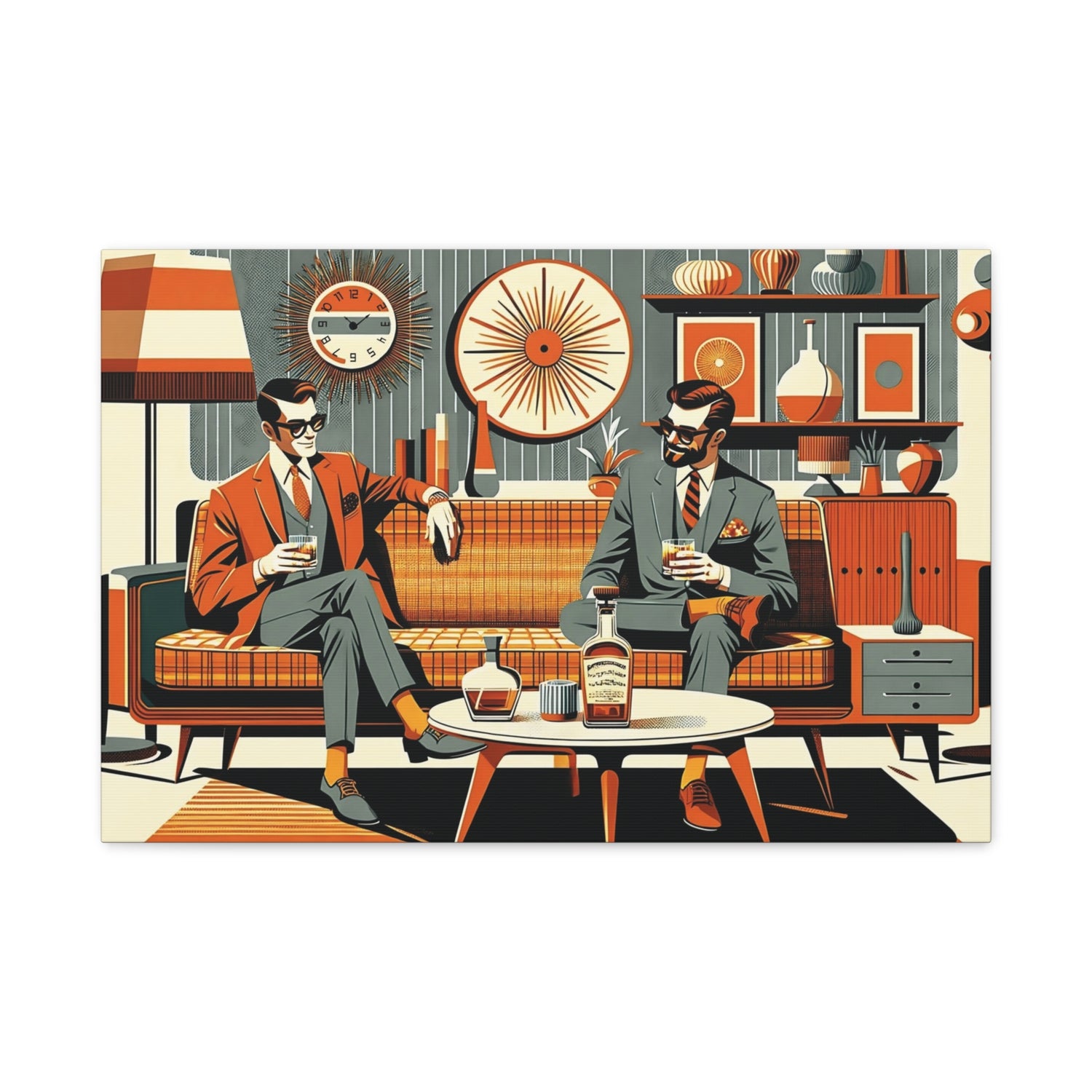 Mid Century Modern Mod Dude, Gay Male Couple Drinking Bourbon, MCM Art