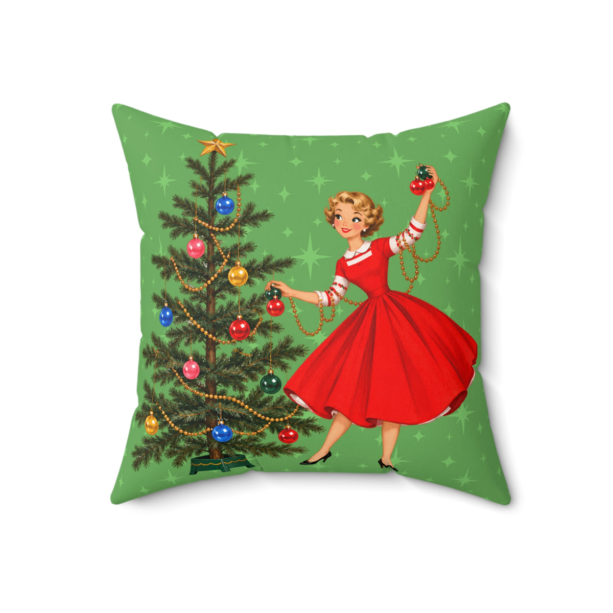 Mid Century Modern Gal Decorating Christmas Tree, Green Atomic Starbursts Pillow Cover and Insert