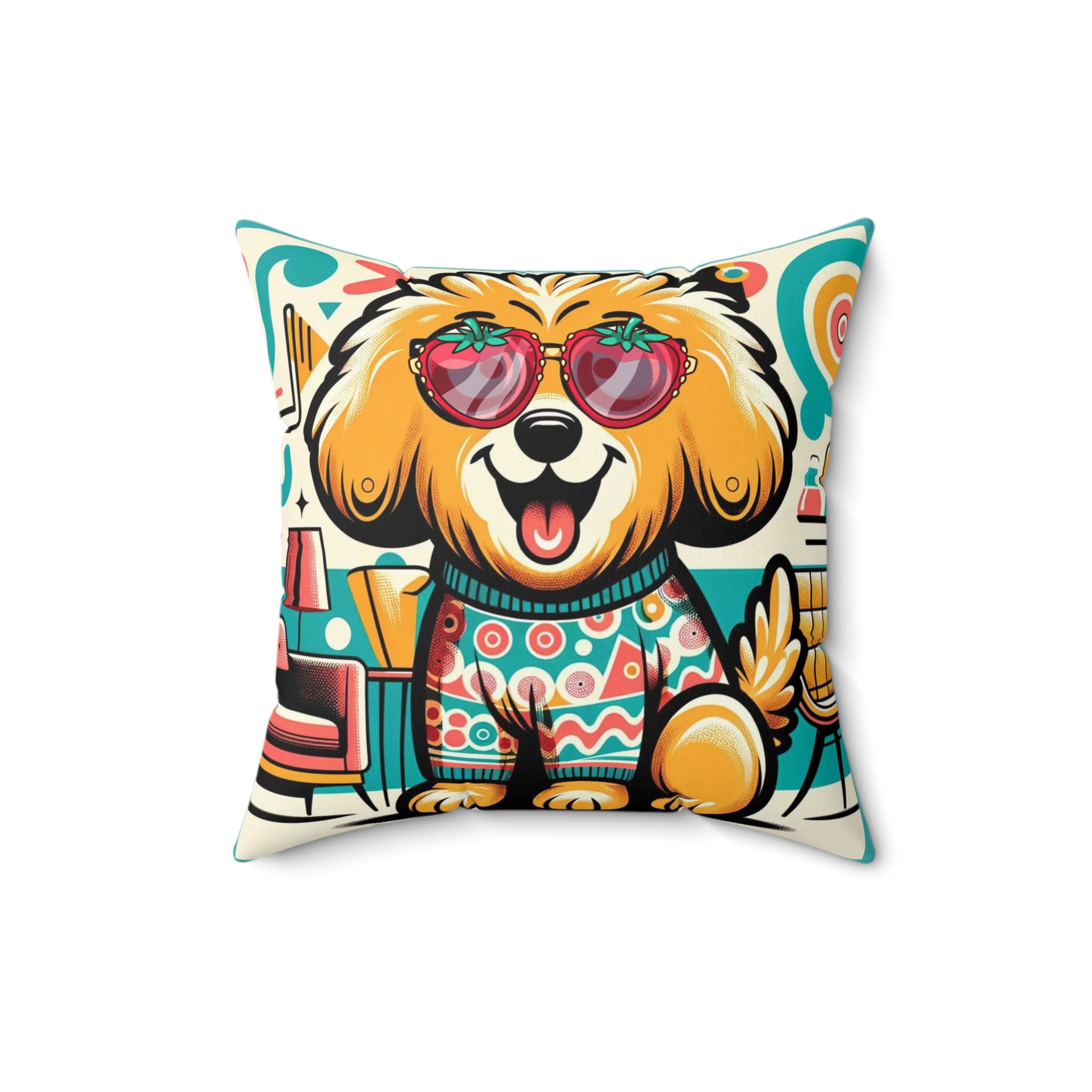 Golden Doodle Hipster Dog, Mid Century Modern Groovy Pillow And Insert