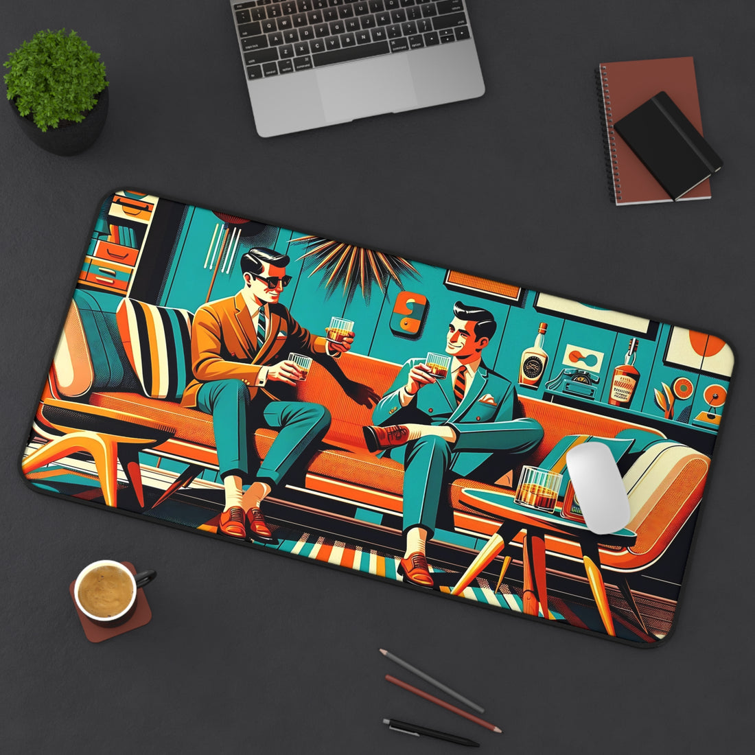 Dapper Dudes Bourbon Drinkers Stylish Retro Desk Mat - Vintage Vibe for Home Office - Mid Century Modern Gal