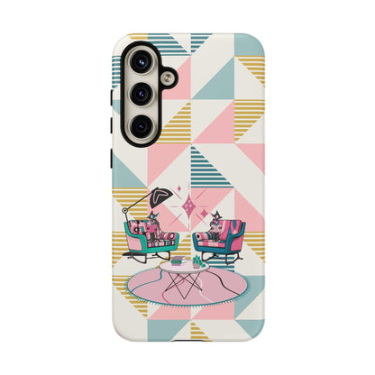 Atomic Cats Reading, Book Talk, Book Lover, Retro Chic Phone Case with Retro Vibe - Cozy Living Room Design - Mid Century Modern Gal