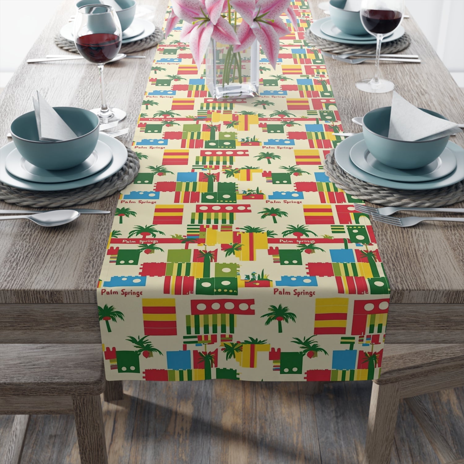 Tropical Palms Spring California Paradise Table Runner - Bright Cotton &amp; Poly Design for Summer Dining - Mid Century Modern Gal
