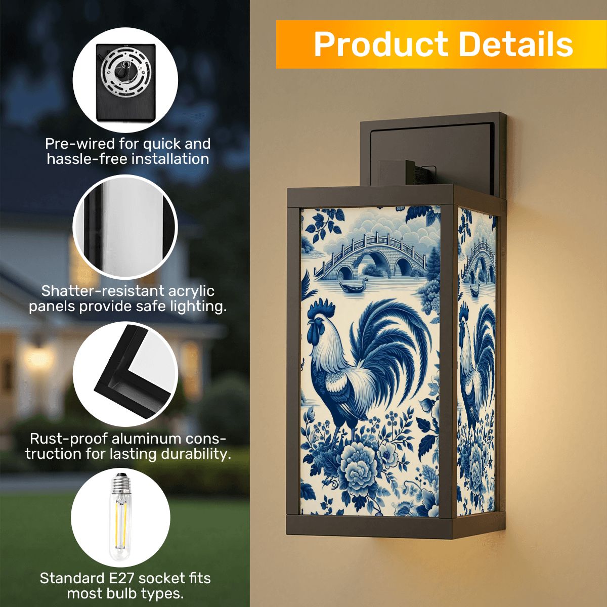 Chinoiserie Rooster Blue Toile Floral Modern Bathroom Wall Sconces, Entry Way, Patio Wall Light - Mid Century Modern Gal