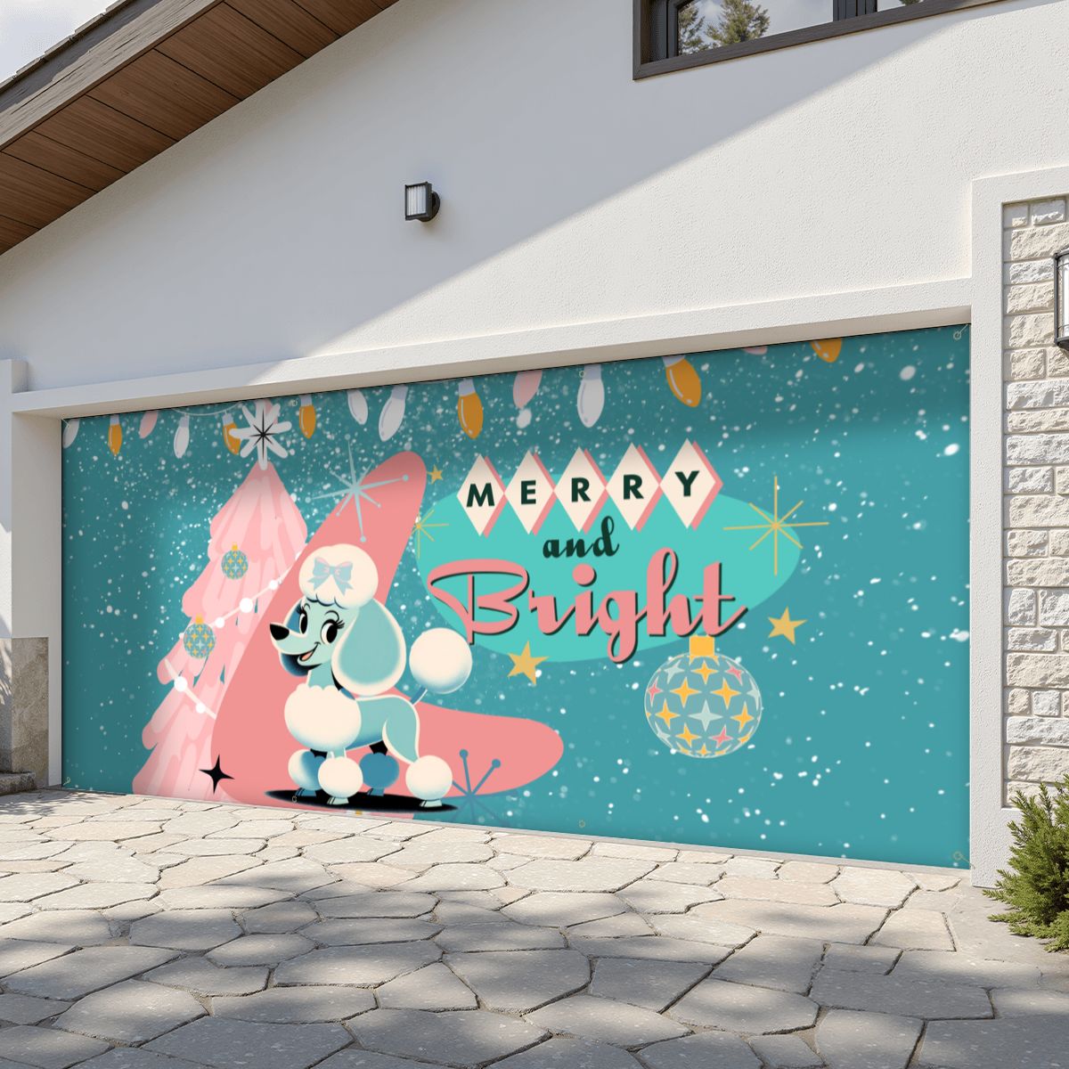 50s Christmas Holiday Kitsch, Aqua Blue, Pink 50s Mod Dog Poodle Merry and Bright Garage Door Banner Backdrop - Mid Century Modern Gal