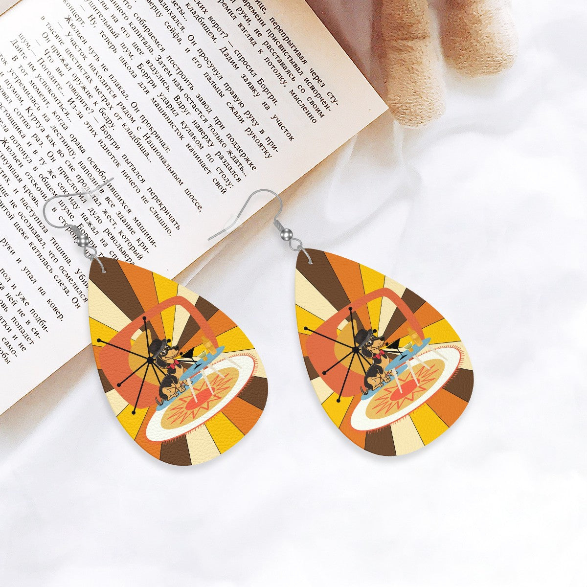 Doxie Mom Weiner Dog Retro 70s Designed Faux Leather Teardrop Earrings - Mid Century Modern Gal