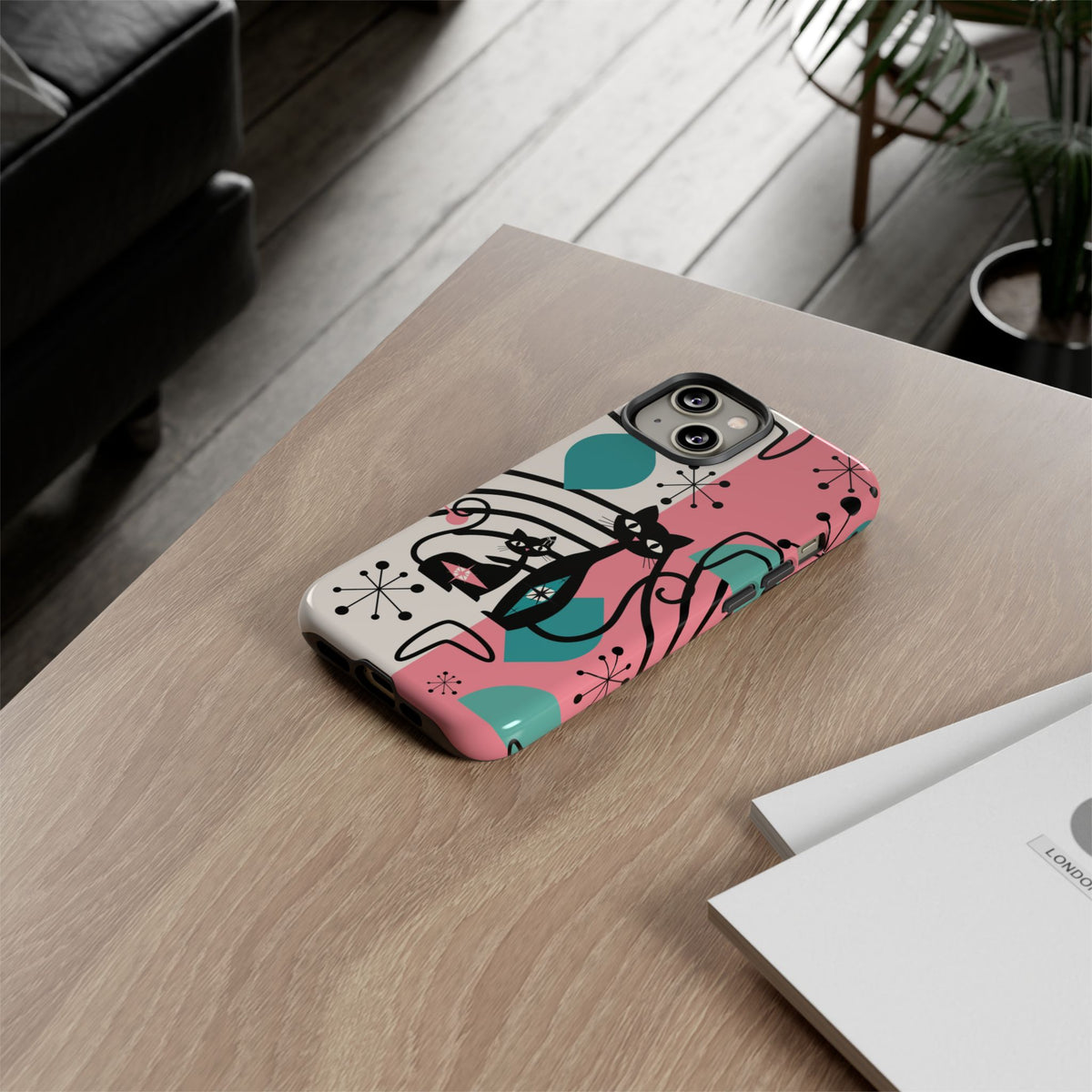 Mid Mod Atomic Cat Boomerang Starburst, Pink, Black Kitschy Stylish Cat Phone Case: Modern Design for Cat Lovers