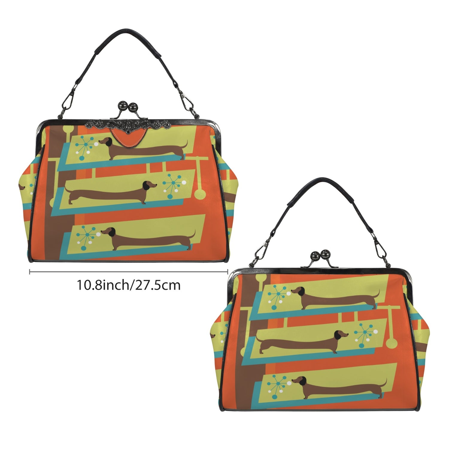 Mid Century Modern Doxie Weiner Dog Lover Retro Orange Kisslock Crossbody Purse - Mid Century Modern Gal