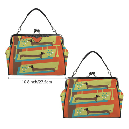 Mid Century Modern Doxie Weiner Dog Lover Retro Orange Kisslock Crossbody Purse - Mid Century Modern Gal