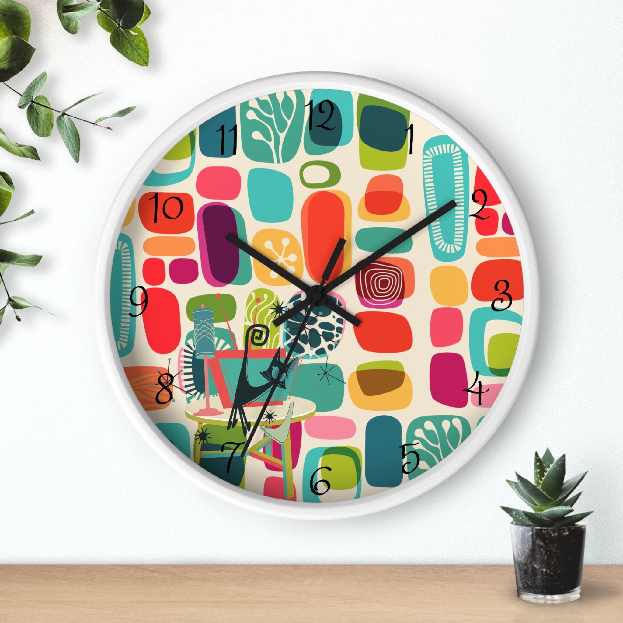 Mid Mod Amoeba Design With Kitschy Atomic Cat, Quirky Fun Retro Wall Clock