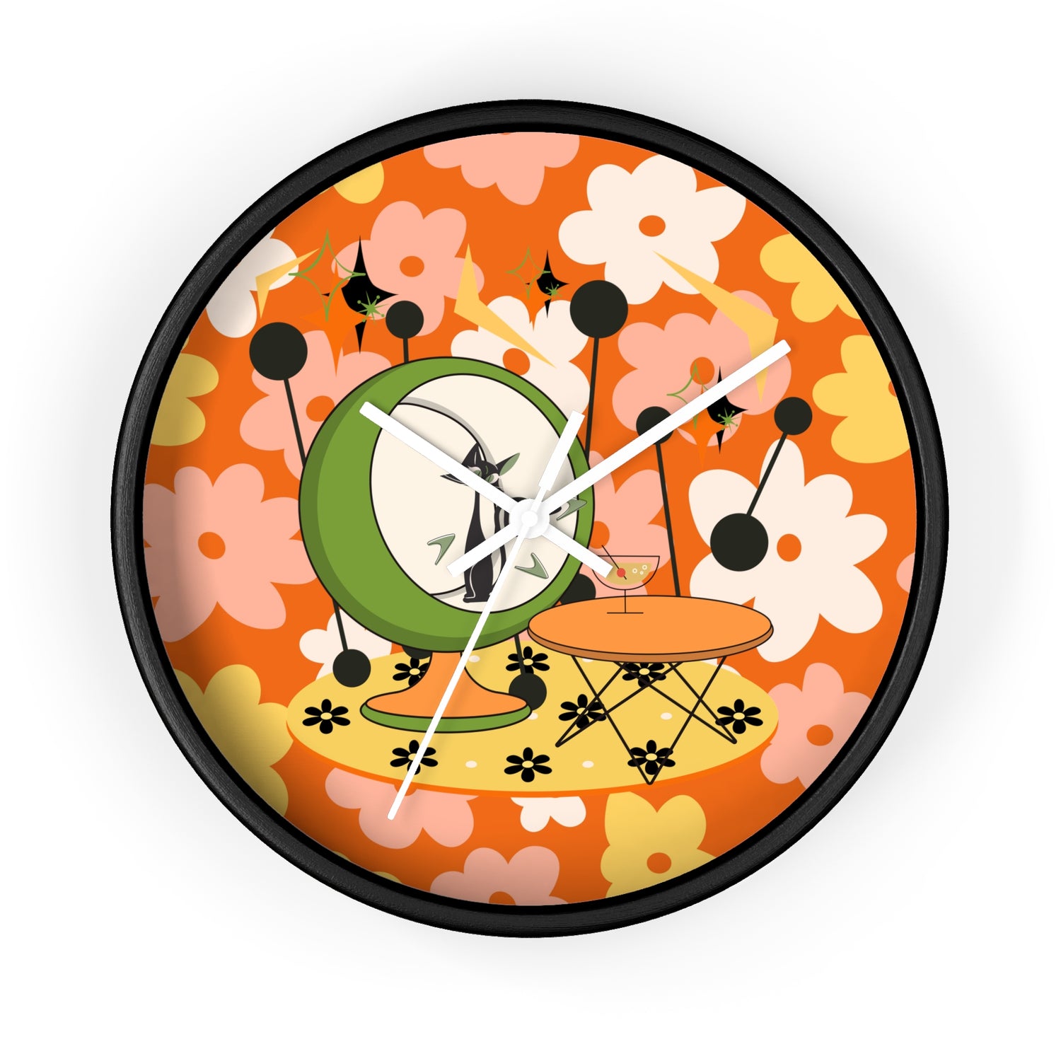 Atomic Cat Mid Century Modern Groovy Retro Floral Cat Wall Clock - Vintage Home Decor - Mid Century Modern Gal