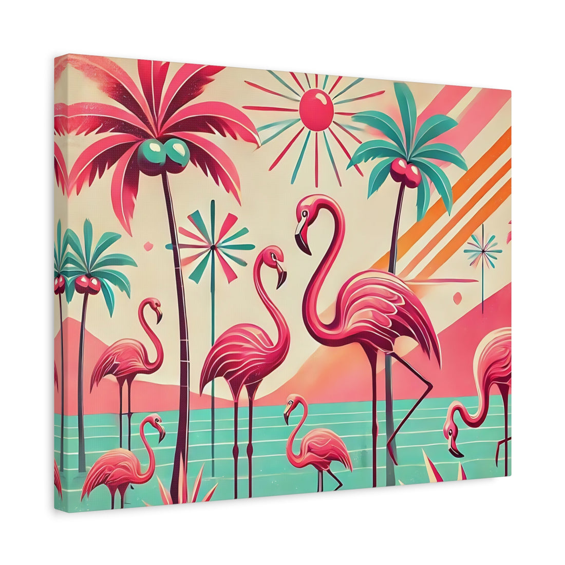 1950s Mid Century Modern Flamingo Art, Kitschy Pink, Teal, MCM Matte Canvas