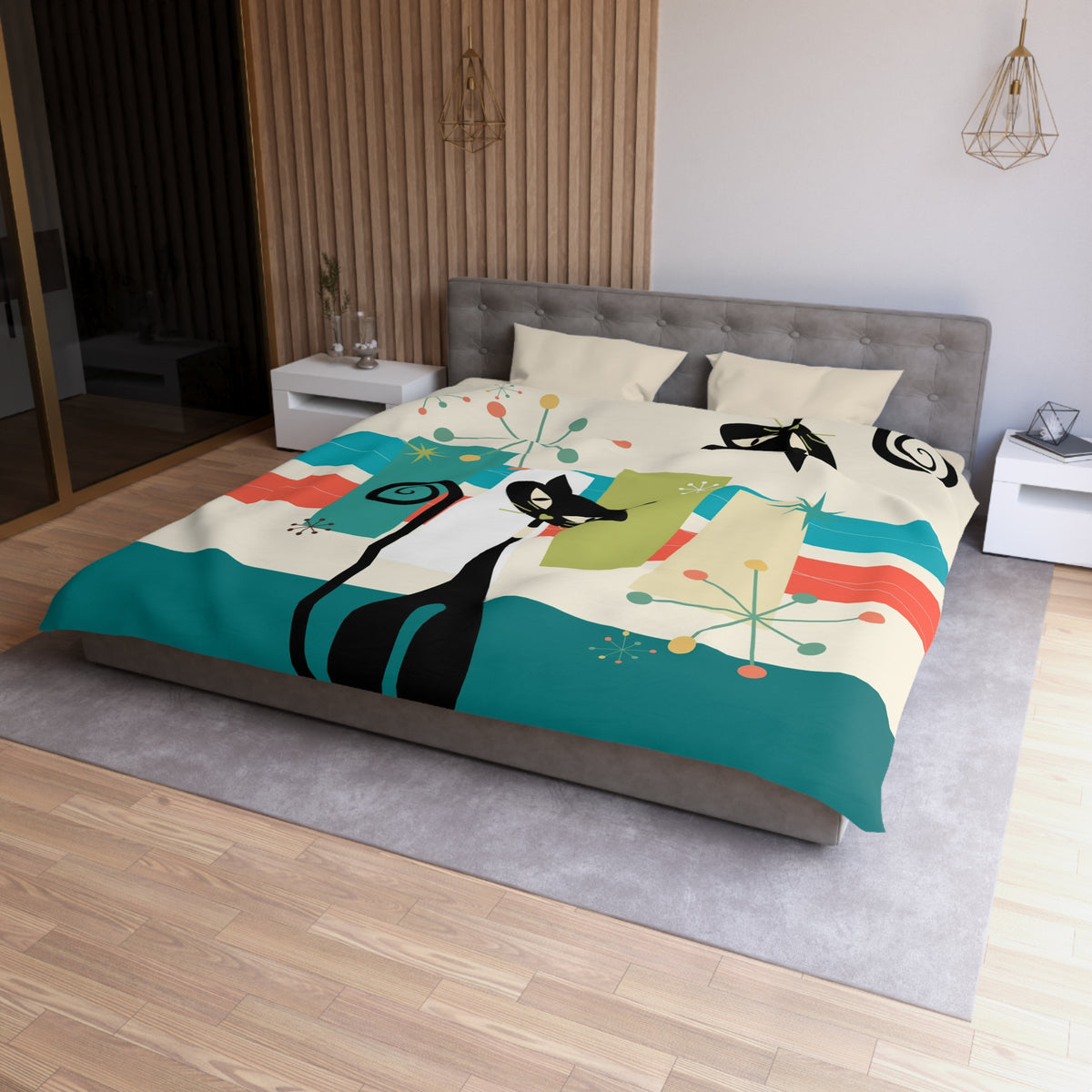 Mid Cenury Modern Atomic Cat, MCM Bedding, Starbursts,Teal, Orange,  KItschy Quirky Fun Duver Cover - Mid Century Modern Gal