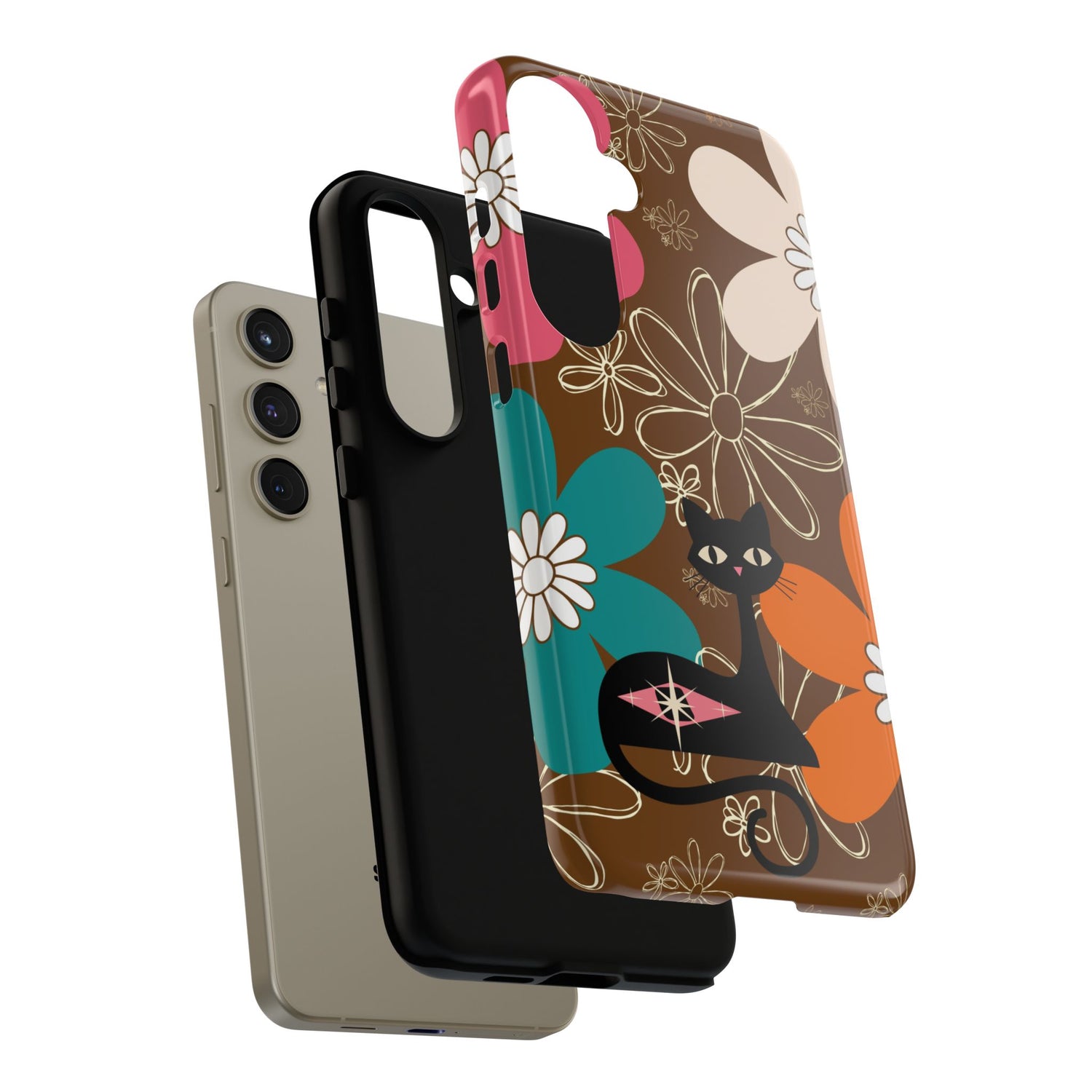Atomic Cat Retro 70s Vibe Flower Power Tough Cases: Cute Floral and Cat Phone Case for Cat Lovers