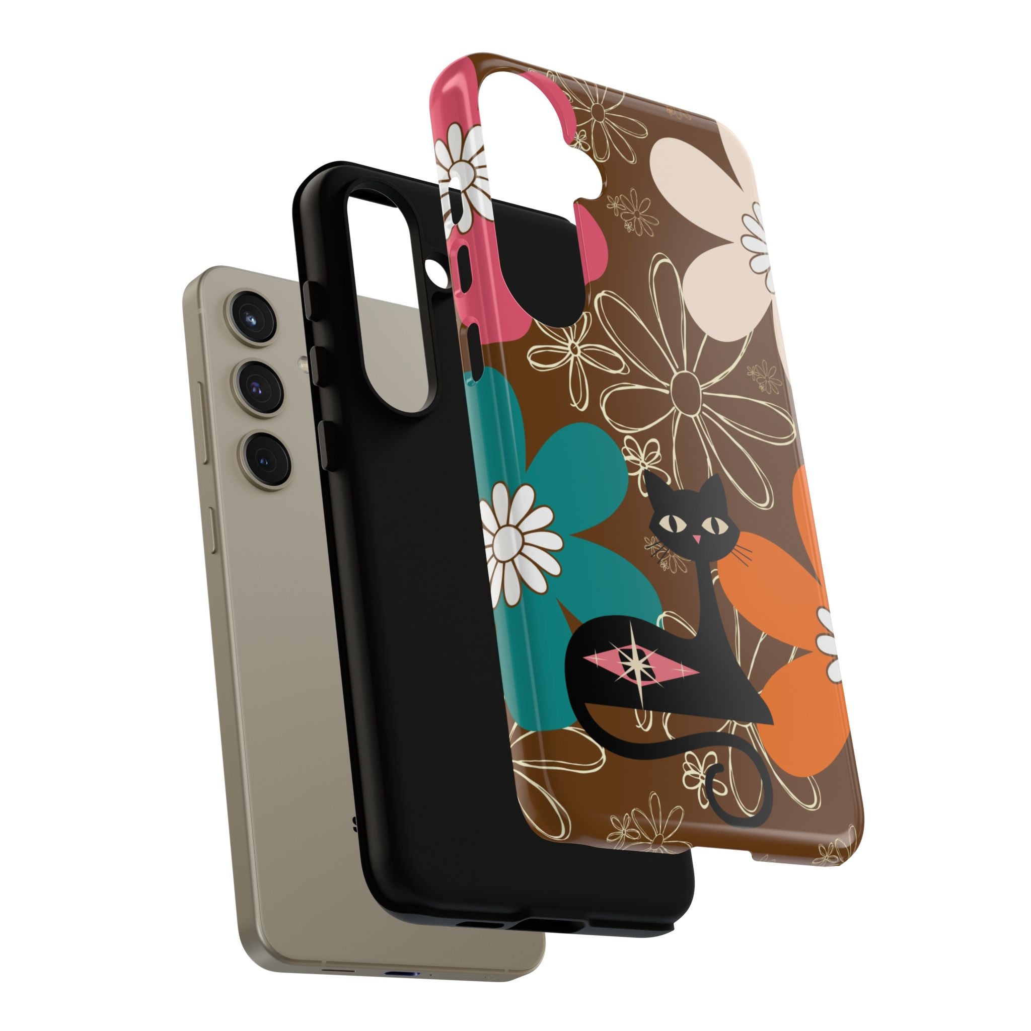 Atomic Cat Retro 70s Vibe Flower Power Tough Cases: Cute Floral and Cat Phone Case for Cat Lovers