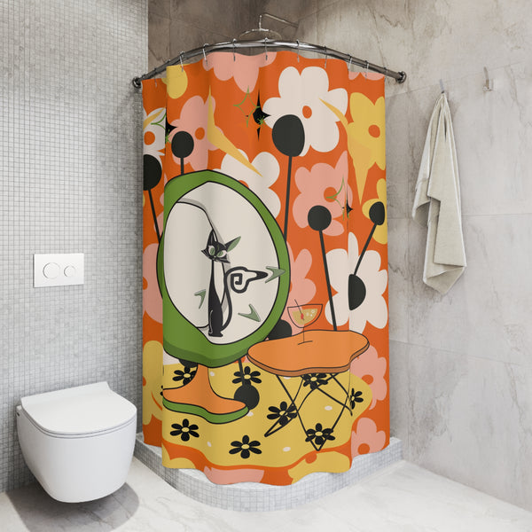 Mid-Century Modern Cat Retro Summer Vibes, Kitschy Mod  Shower Curtain - Retro Floral Design