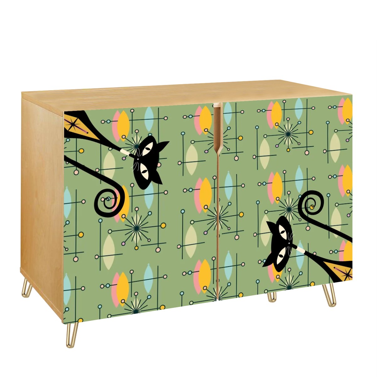 Mid Century Modern Atomic Cats, Green Starburst Retro Mod Wooden Storage Cabinet